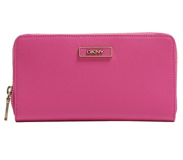 DKNY 唐娜·卡伦 女款经典LOGO十字纹皮粉红色长款钱包