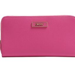 DKNY 唐娜·卡伦 女款经典LOGO十字纹皮粉红色长款钱包